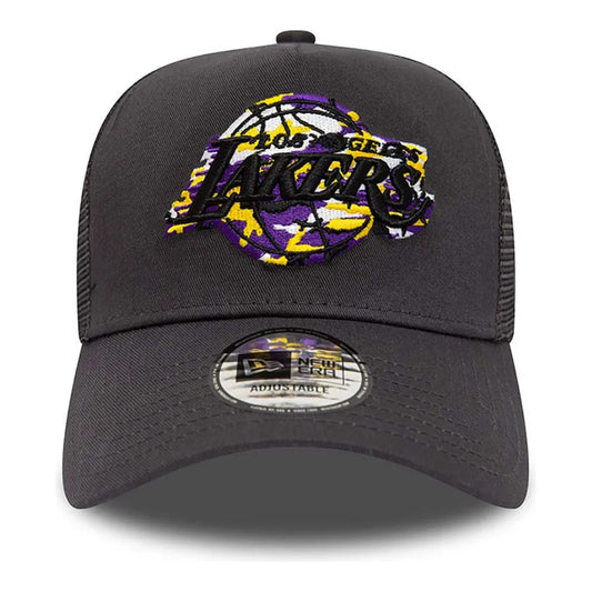 Jockey New Era Lakers Camo Infill 9FORTY A-Frame gris con logo bordado, vista frontal