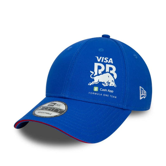Jockey New Era F1 Red Bull Flawless 9FORTY azul, vista diagonal con logo Visa Cash App Racing Bulls