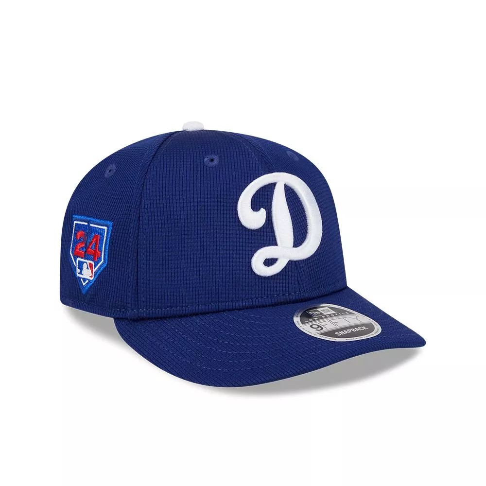 Jockey New Era Dodgers 9FIFTY azul, vista diagonal con parche Cactus League 2024