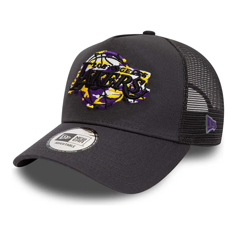 Jockey New Era Los Angeles Lakers Camo Infill 9FORTY A-Frame gris, vista diagonal