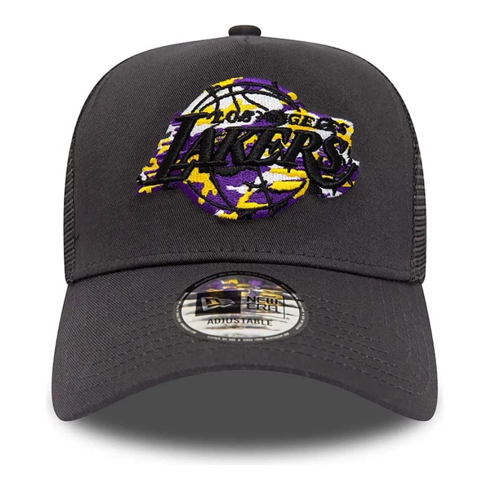 Jockey New Era Lakers Camo Infill 9FORTY A-Frame gris con logo bordado, vista frontal