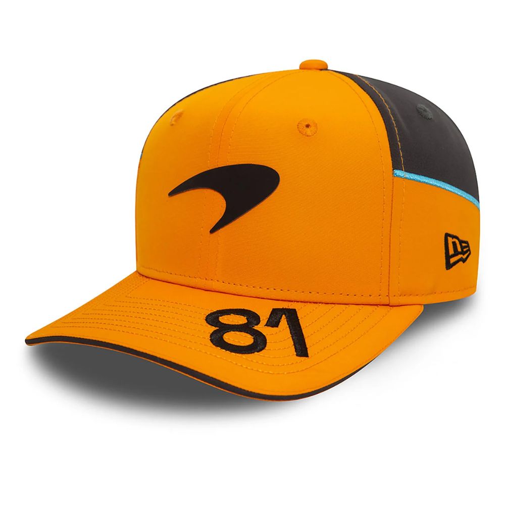 Jockey New Era McLaren Racing Oscar Piastri 9FIFTY naranjo, vista frontal en ángulo con número 81