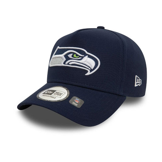 Jockey New Era Seattle Seahawks NFL 9FORTY azul marino, vista diagonal con logo frontal y flag lateral bordados