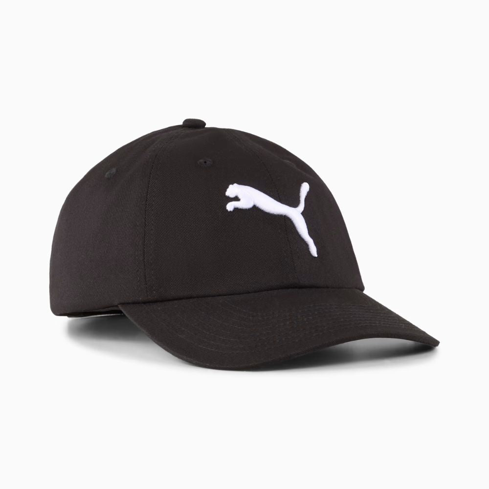 Jockey Puma Essentials Cat Baseball negro, vista frontal en ángulo con logo blanco bordado