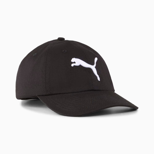 Jockey Puma Essentials Cat Baseball negro, vista frontal en ángulo con logo blanco bordado
