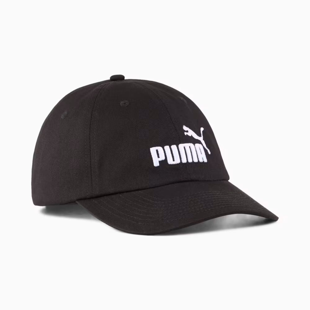 Jockey Puma Essentials No.1 Logo Baseball negro, vista frontal en ángulo con logo blanco bordado