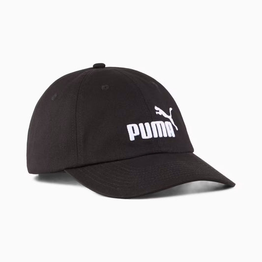 Jockey Puma Essentials No.1 Logo Baseball negro, vista frontal en ángulo con logo blanco bordado