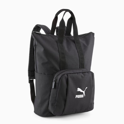 Mochila Puma Tote Negra, vista frontal en ángulo